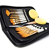 ARTIFY 15 Pieces Paint Brush Set, Intermediate Series, Includes Pop-Up Carrying Case with Palette Knife and 2 Sponges, for Acrylic, Oil, Watercolor and Gouache Painting - Pearl White